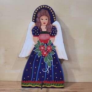 Vtg Handmade Wood Angel Stocking Holder Square Cut Nail Hand Painted Christmas